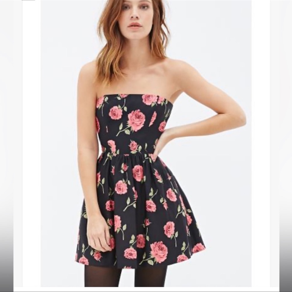Forever 21 Fit and Flair Rose Print Strapless Dress Size S